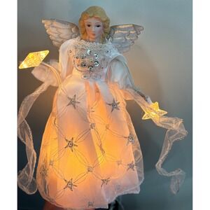 Light Up Angel Christmas Tree Topper‎ White Gown Electric Ceramic